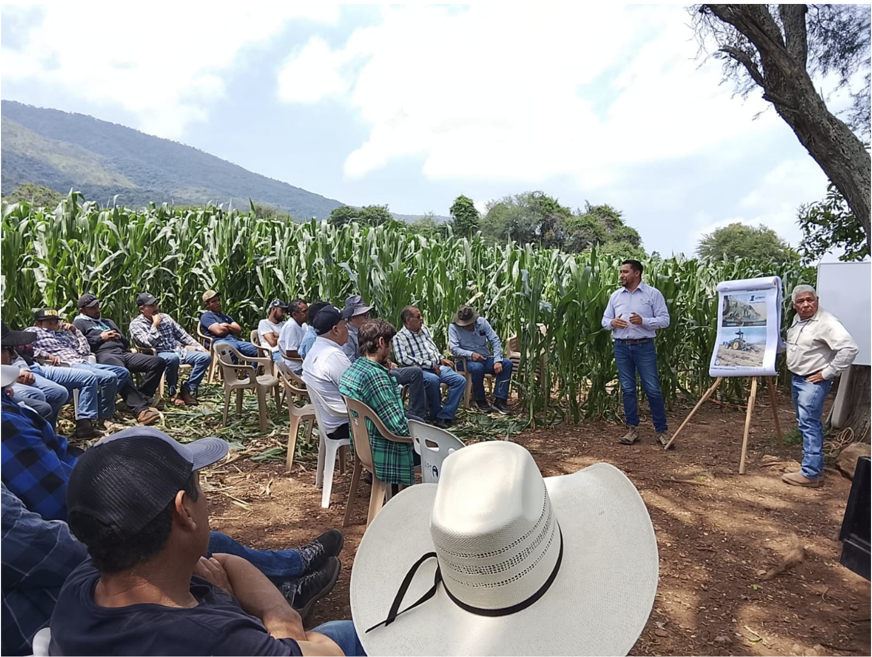 Productores y técnicos de la región Ciénega de Jalisco participaron en una capacitación práctica sobre el uso del strip till, organizada en el marco del proyecto Originación Sustentable de Maíz Amarillo en Jalisco, Fase de Escalamiento. (Foto: Alberto Cabello/CIMMYT)